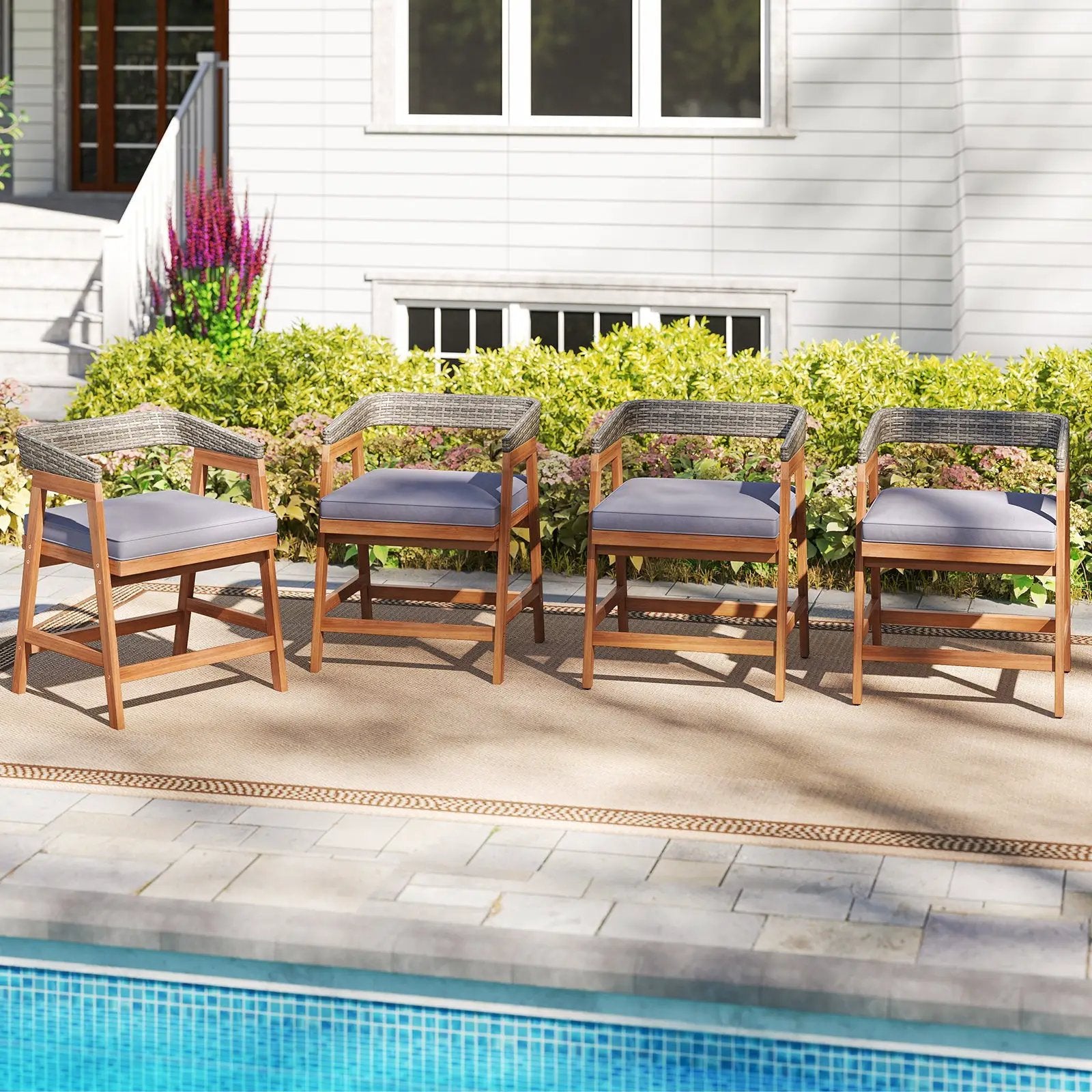 Outdoor Acacia Wood Patio Wicker Dining Chairs Set of 4 with Seat Cushion-Gray by DirectDeals
