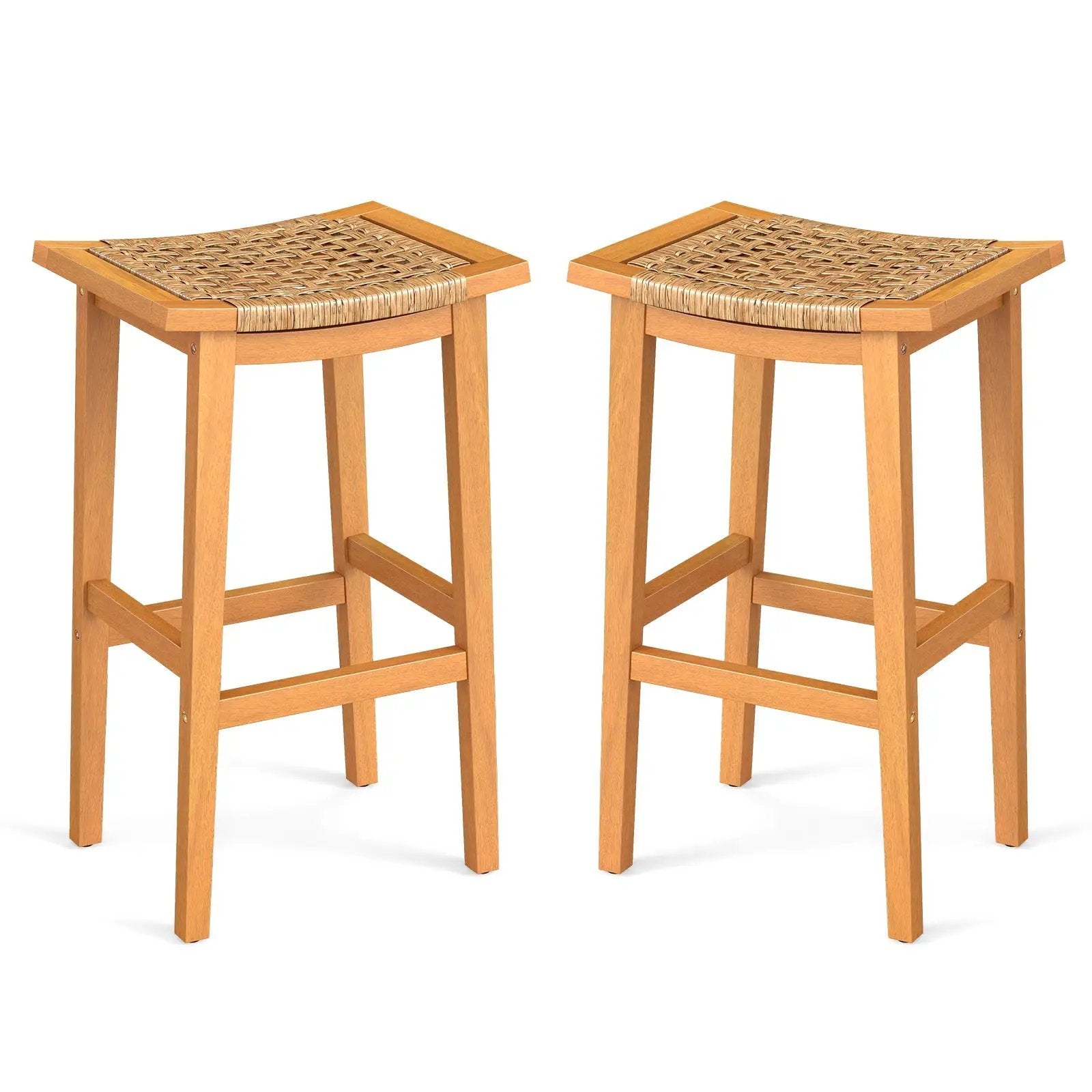 Outdoor Acacia Wood Bar Stools Set of 2 with PE Rattan Seats and Backrests by DirectDeals