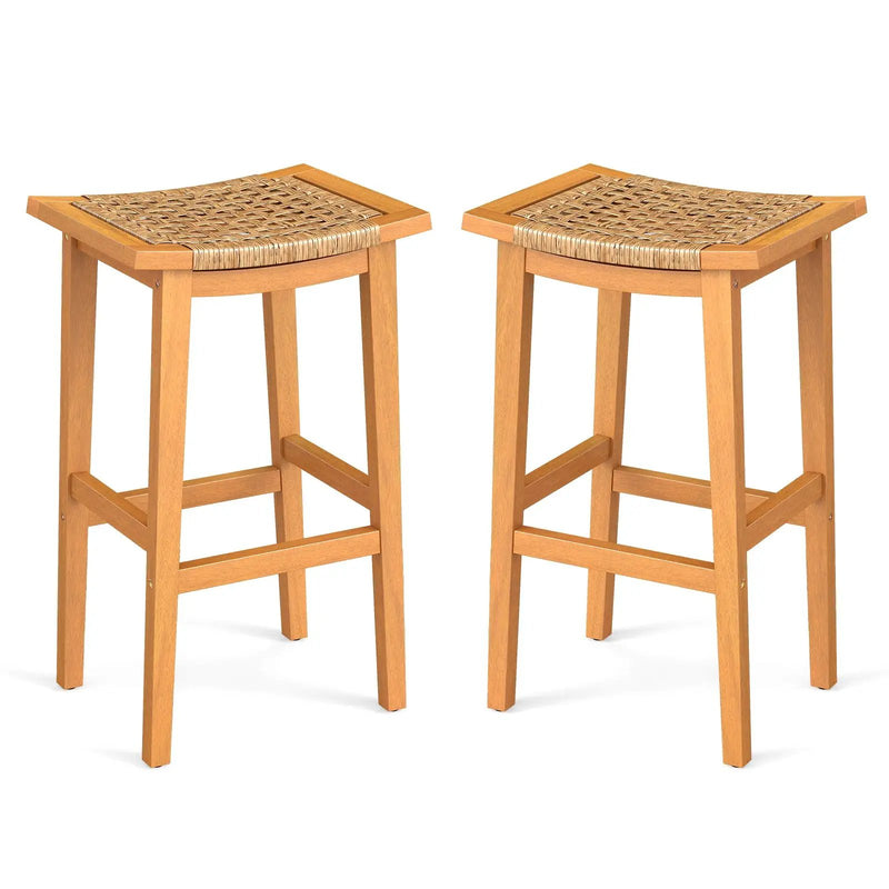 Outdoor Acacia Wood Bar Stools Set of 2 with PE Rattan Seats and Backrests by DirectDeals