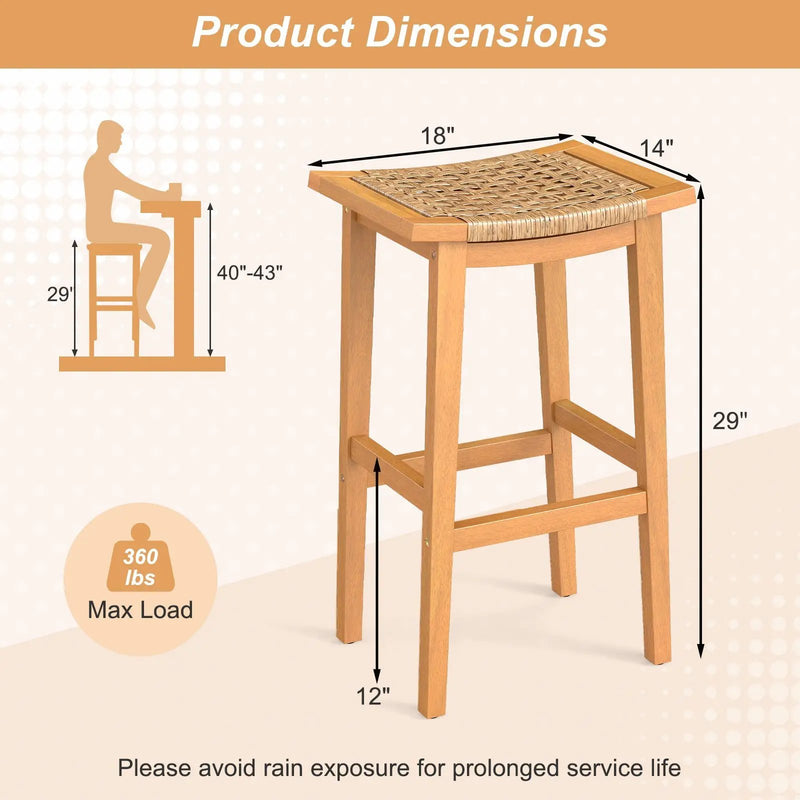 Outdoor Acacia Wood Bar Stools Set of 2 with PE Rattan Seats and Backrests by DirectDeals