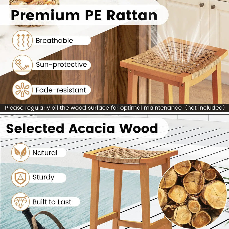 Outdoor Acacia Wood Bar Stools Set of 2 with PE Rattan Seats and Backrests by DirectDeals
