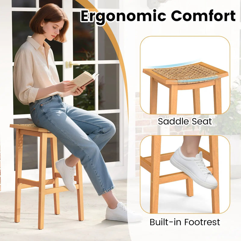 Outdoor Acacia Wood Bar Stools Set of 2 with PE Rattan Seats and Backrests by DirectDeals