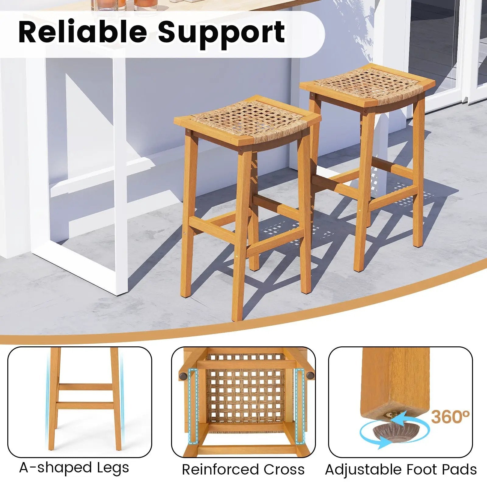 Outdoor Acacia Wood Bar Stools Set of 2 with PE Rattan Seats and Backrests by DirectDeals