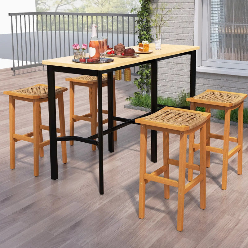 Outdoor Acacia Wood Bar Stools Set of 2 with PE Rattan Seats and Backrests by DirectDeals