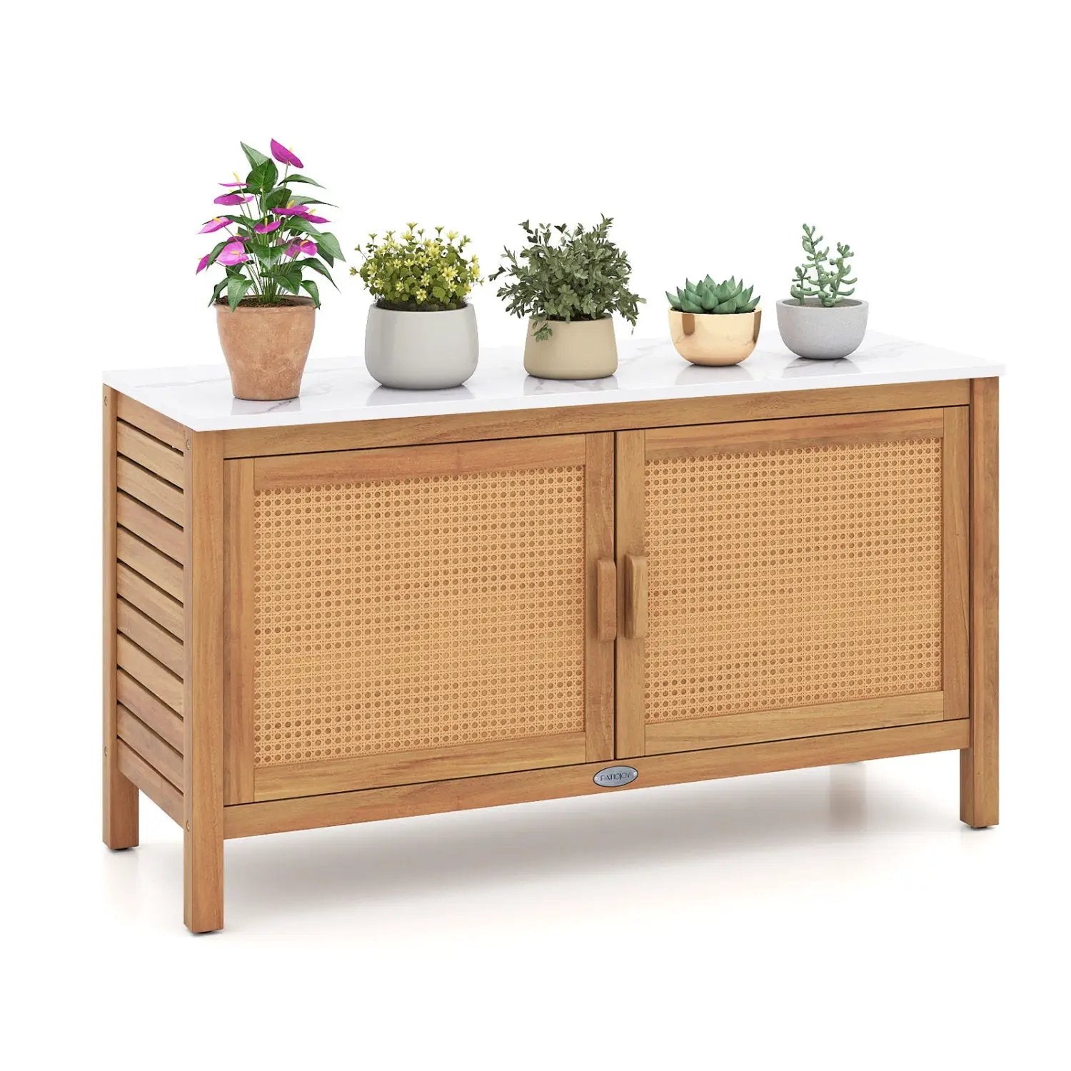Outdoor Acacia Wood Storage Cabinet Outside Tool Cabinet with Fax Marble Top by DirectDeals
