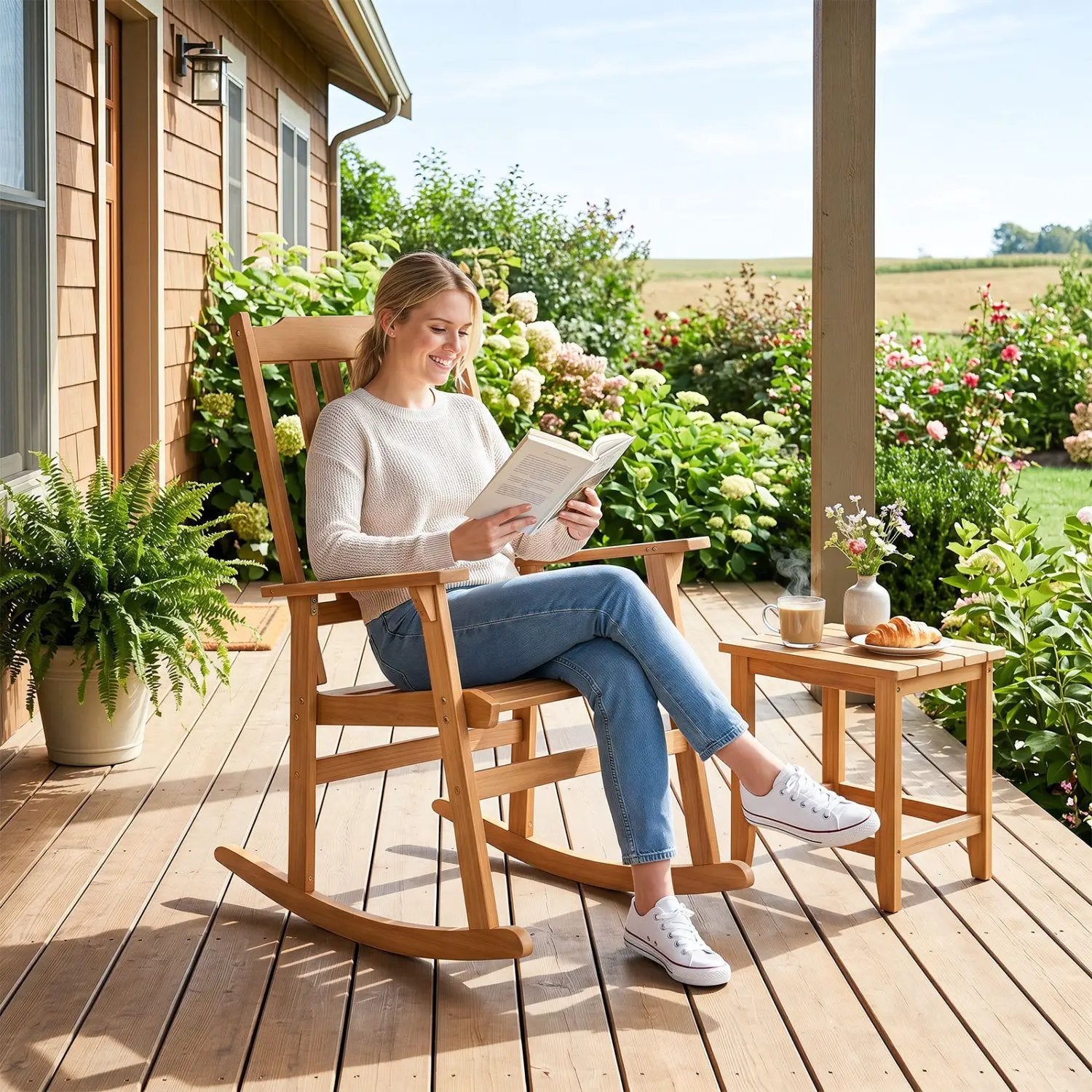 Acacia Wood Rocking Chair with High Back for Patio by DirectDeals