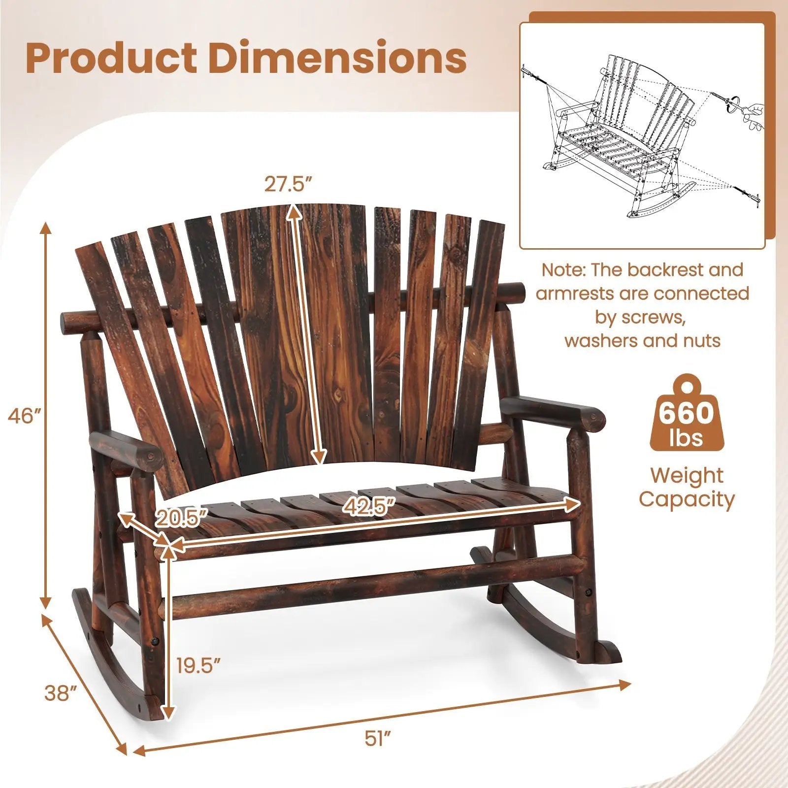 Outdoor Adirondack Rocking Chair for Adults with High Back and Slatted Seat-Brown by DirectDeals
