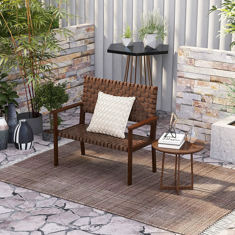 Outdoor All Weather Bench with Solid Rubber Wood Frame and Hand Woven PU Leather-Brown by DirectDeals