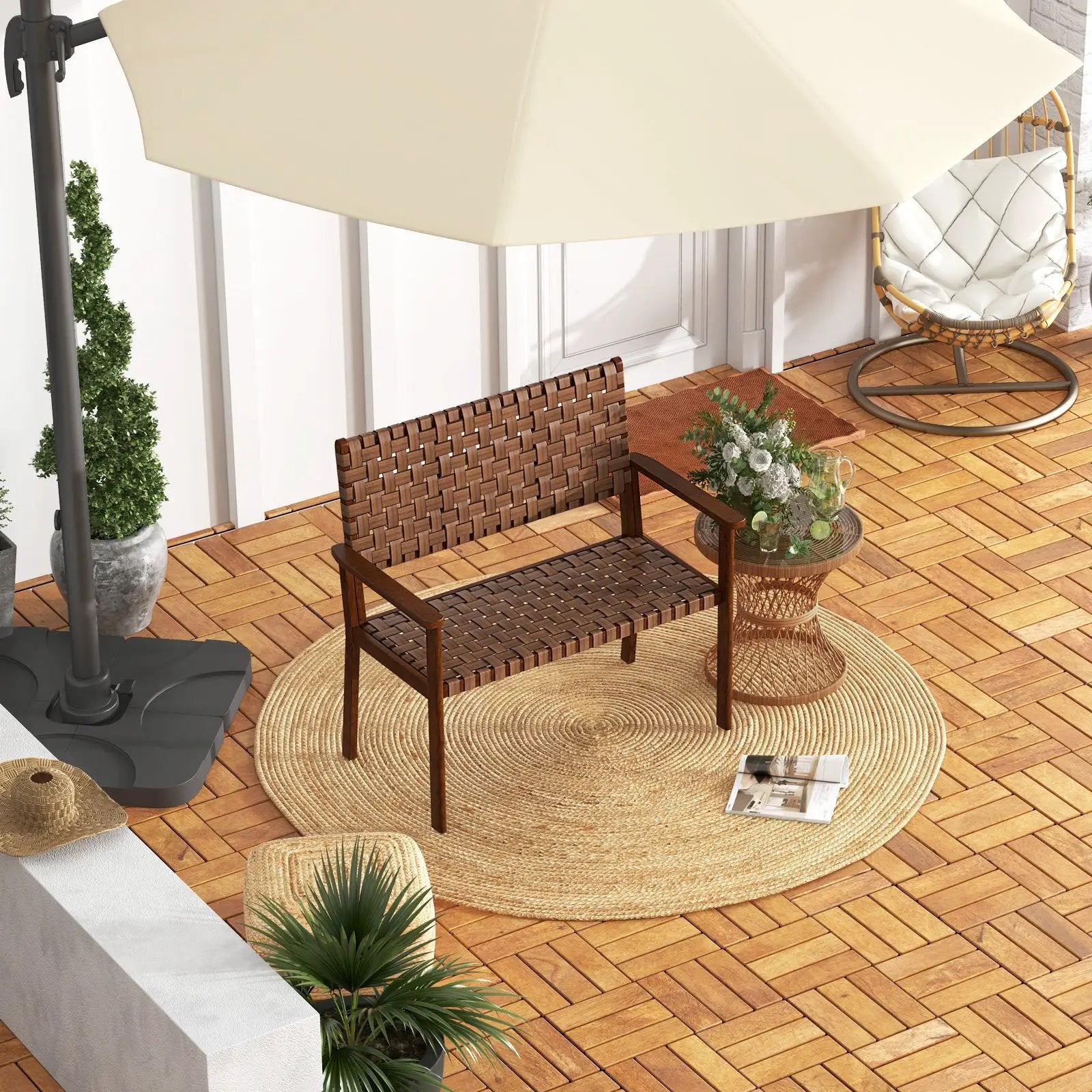 Outdoor All Weather Bench with Solid Rubber Wood Frame and Hand Woven PU Leather-Brown by DirectDeals