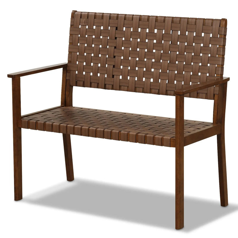 Outdoor All Weather Bench with Solid Rubber Wood Frame and Hand Woven PU Leather-Brown by DirectDeals