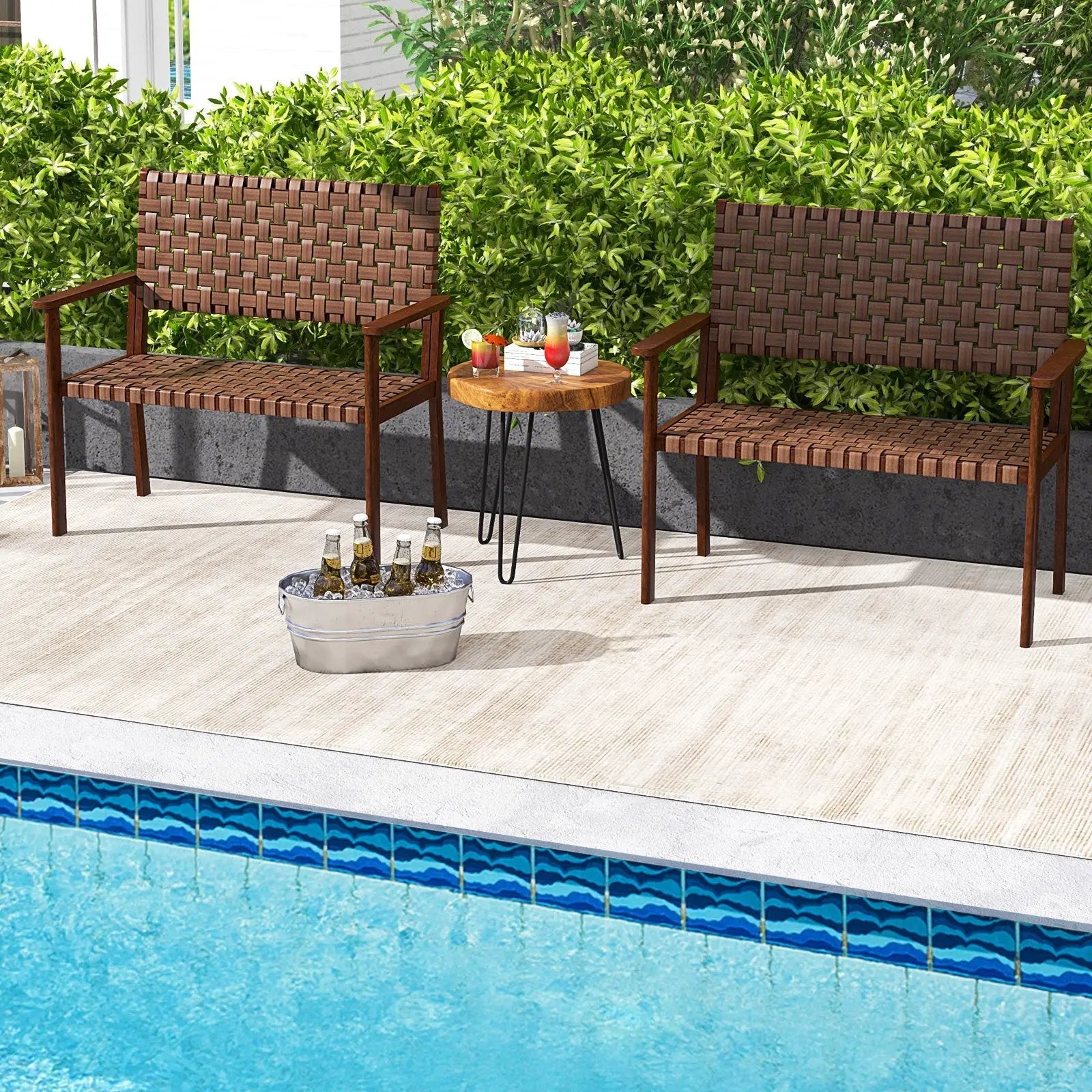 Outdoor All Weather Bench with Solid Rubber Wood Frame and Hand Woven PU Leather-Brown by DirectDeals