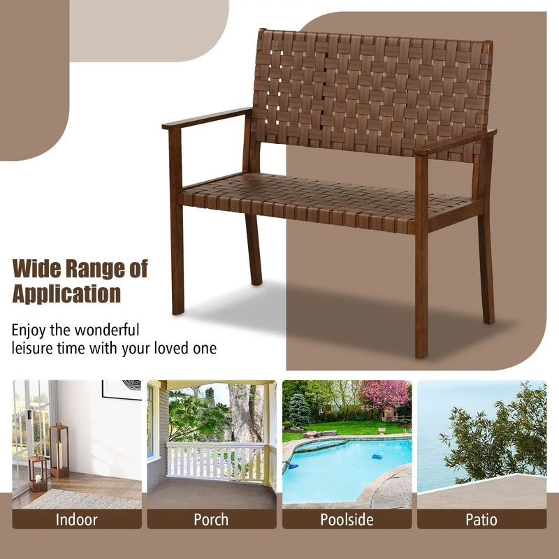 Outdoor All Weather Bench with Solid Rubber Wood Frame and Hand Woven PU Leather-Brown by DirectDeals