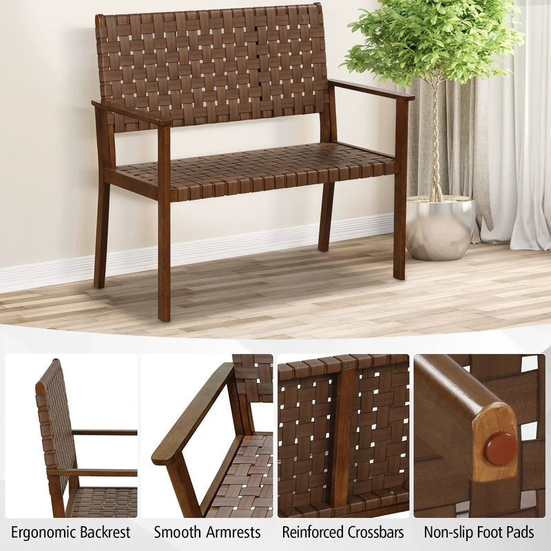 Outdoor All Weather Bench with Solid Rubber Wood Frame and Hand Woven PU Leather-Brown by DirectDeals