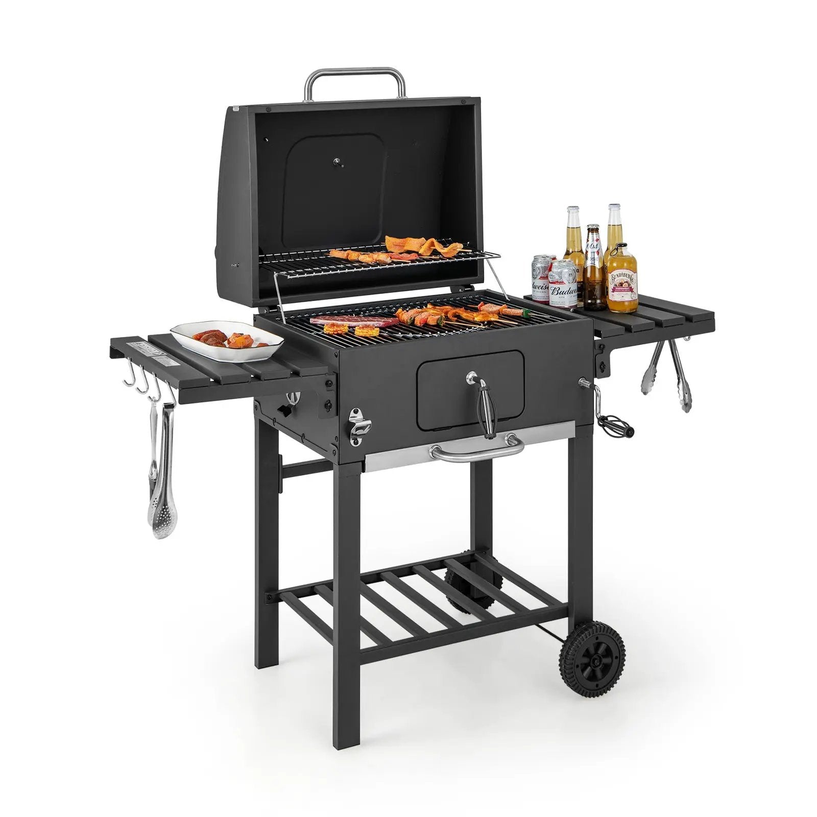 Outdoor BBQ Charcoal Grill with 2 Foldable Side Table and Wheels by DirectDeals