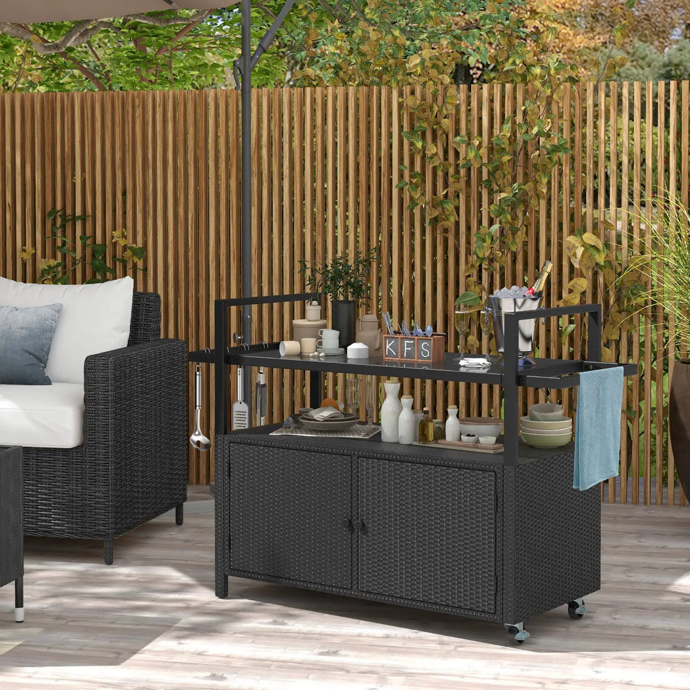 Outdoor Bar Cart Wicker Buffet Serving Cart with Cabinet and 8 Hooks by DirectDeals