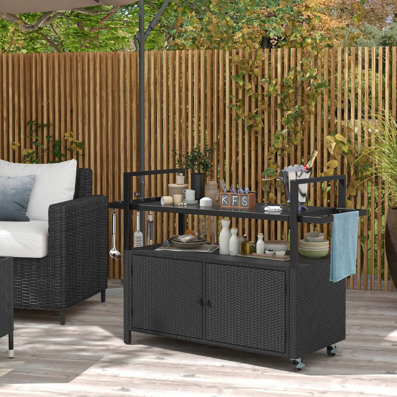 Outdoor Bar Cart Wicker Buffet Serving Cart with Cabinet and 8 Hooks by DirectDeals