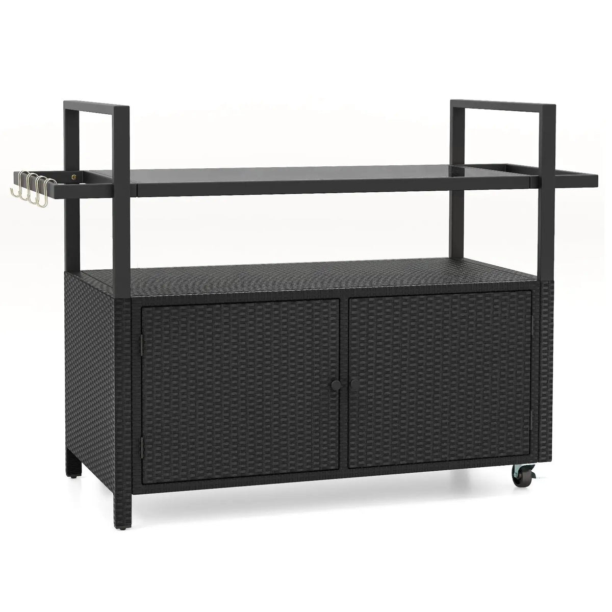Outdoor Bar Cart Wicker Buffet Serving Cart with Cabinet and 8 Hooks by DirectDeals