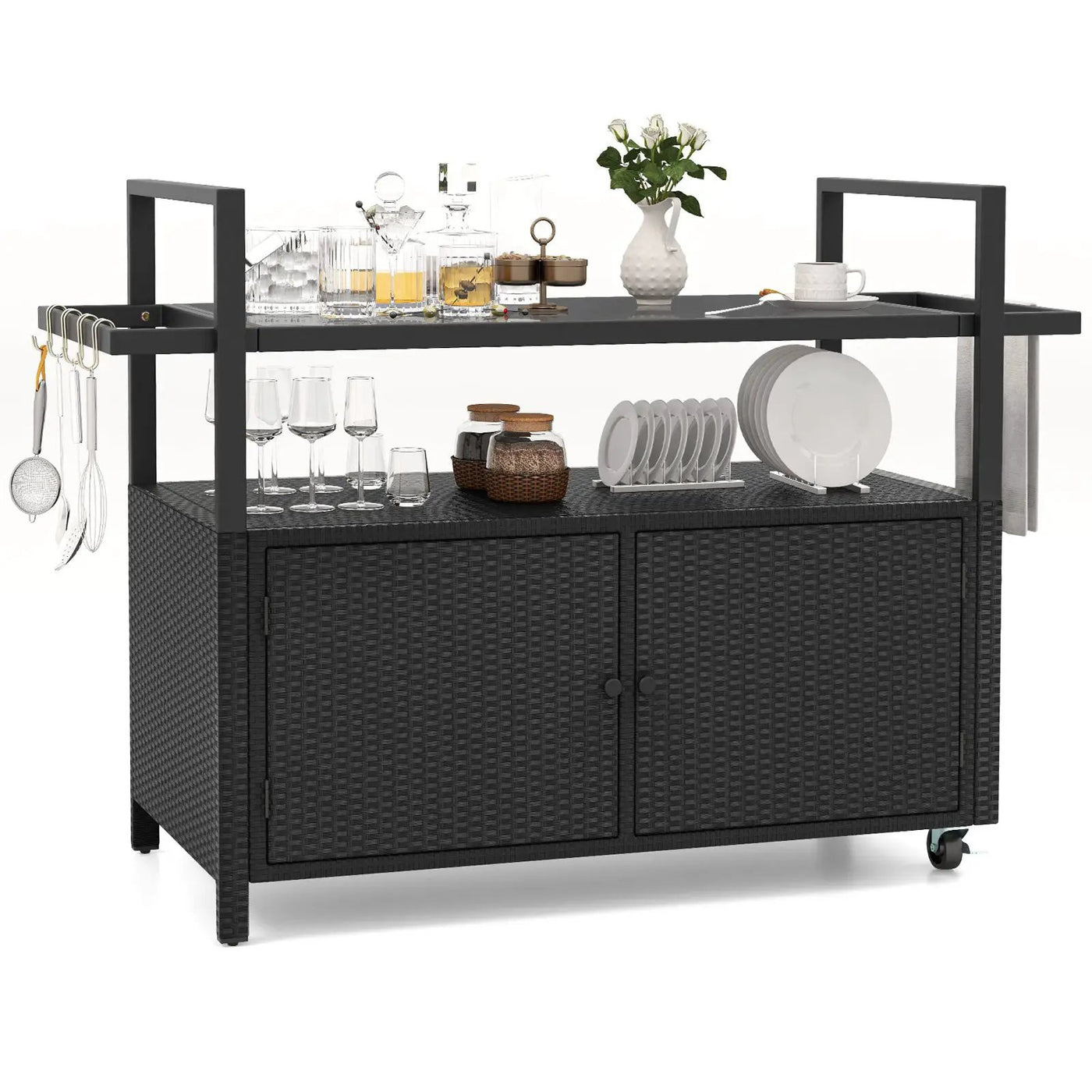 Outdoor Bar Cart Wicker Buffet Serving Cart with Cabinet and 8 Hooks by DirectDeals
