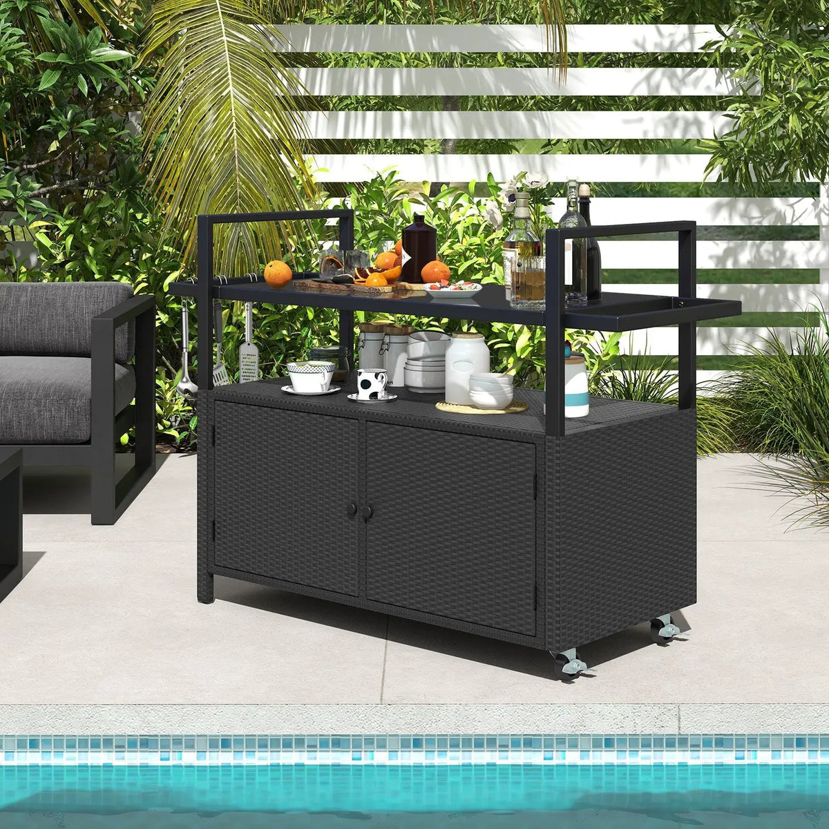 Outdoor Bar Cart Wicker Buffet Serving Cart with Cabinet and 8 Hooks by DirectDeals
