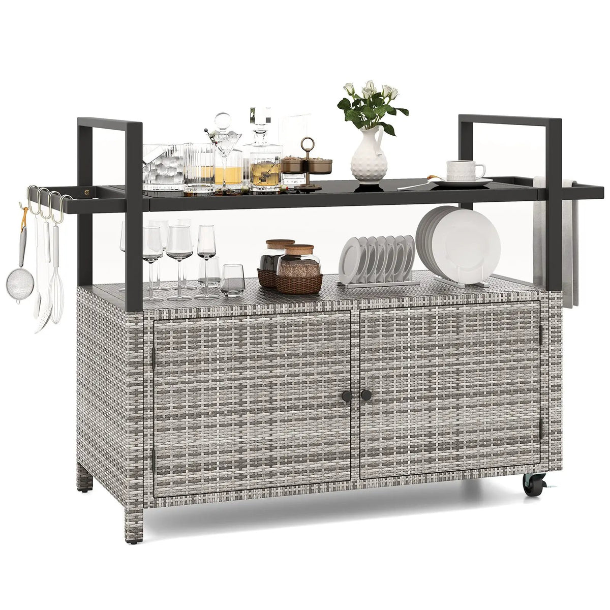 Outdoor Bar Cart Wicker Buffet Serving Cart with Cabinet and 8 Hooks by DirectDeals