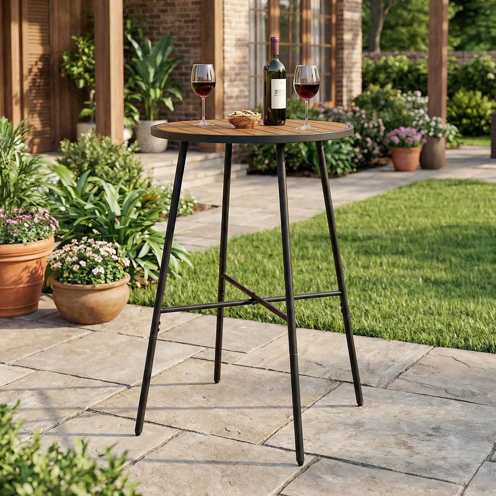 Outdoor Bar Table 41 inch Bar Height Patio Round Table with Acacia Wood Top and Metal Frame by DirectDeals
