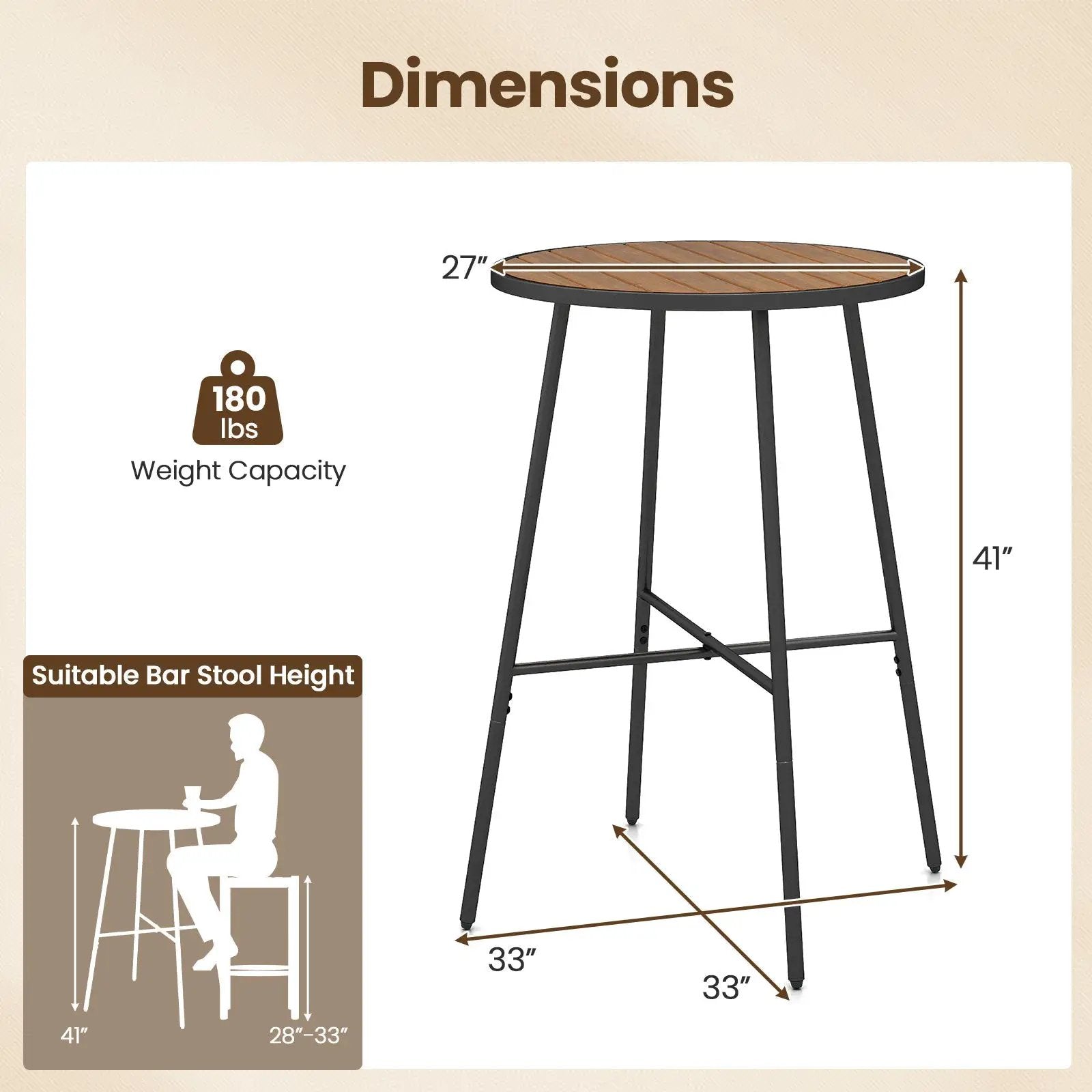 Outdoor Bar Table 41 inch Bar Height Patio Round Table with Acacia Wood Top and Metal Frame by DirectDeals
