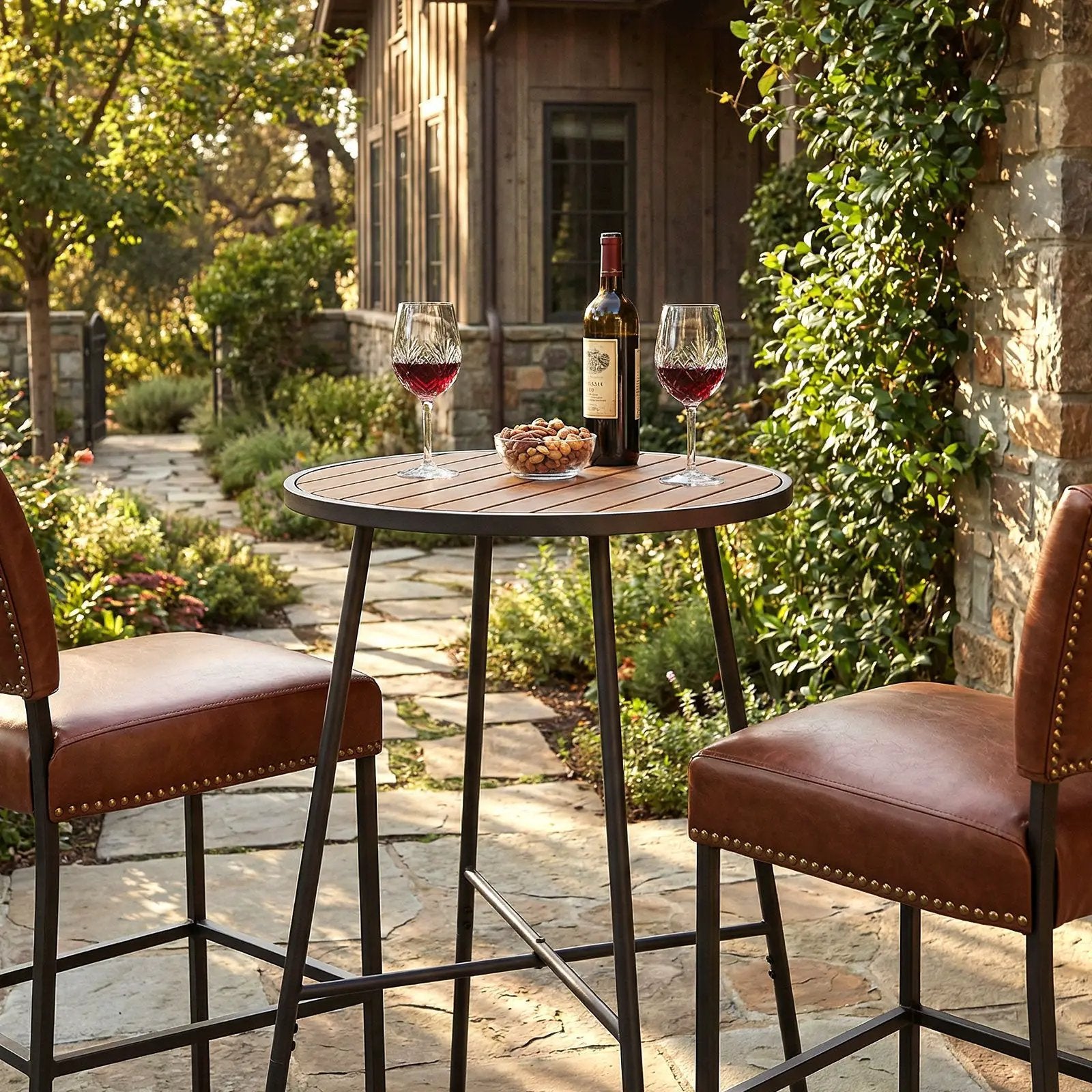 Outdoor Bar Table 41 inch Bar Height Patio Round Table with Acacia Wood Top and Metal Frame by DirectDeals