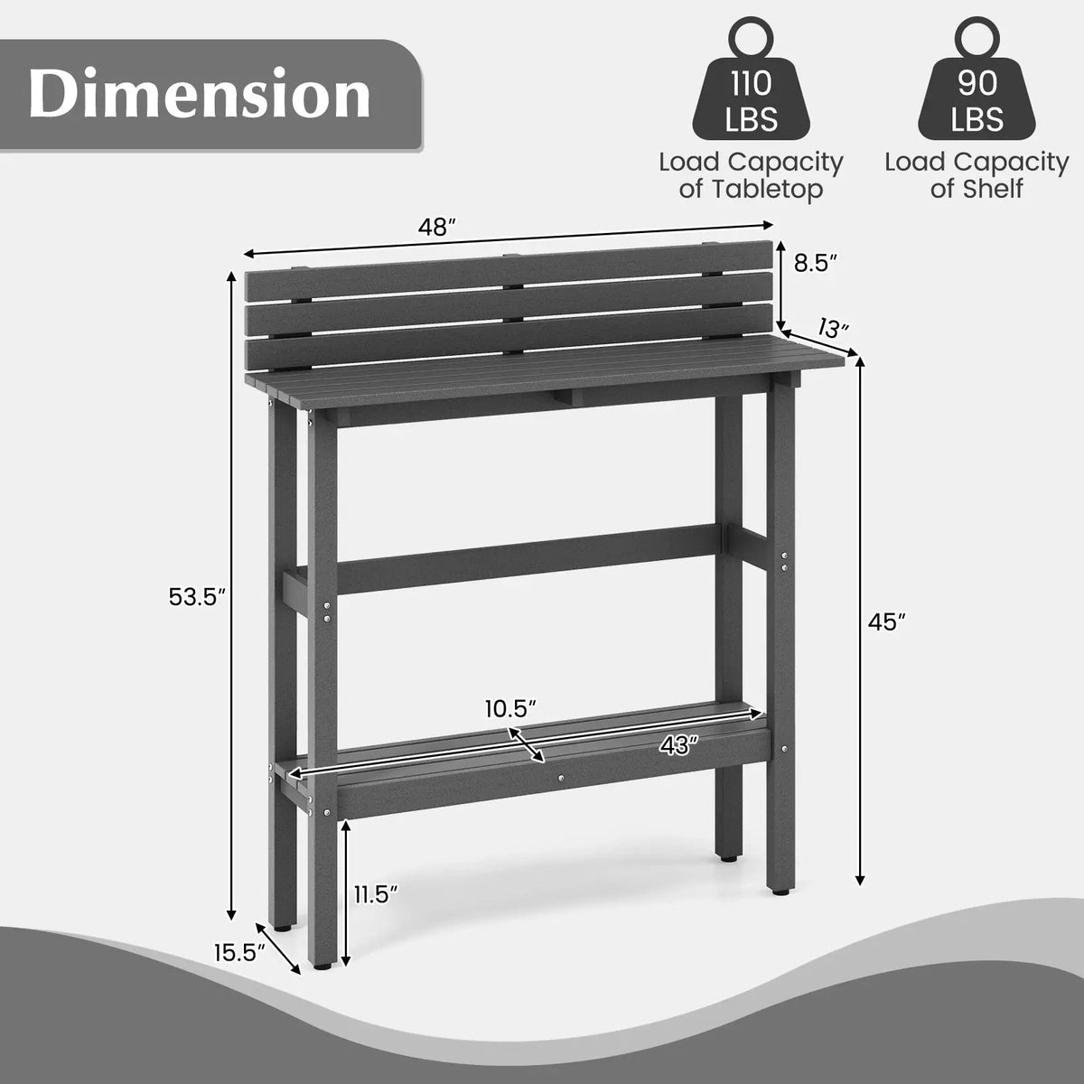 48 Inch Patio Pub Height Table with Storage Shelf and Adjustable Foot Pads by DirectDeals