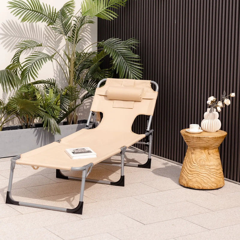 Folding Beach Lounge Chair with Pillow for Outdoor-Beige by DirectDeals