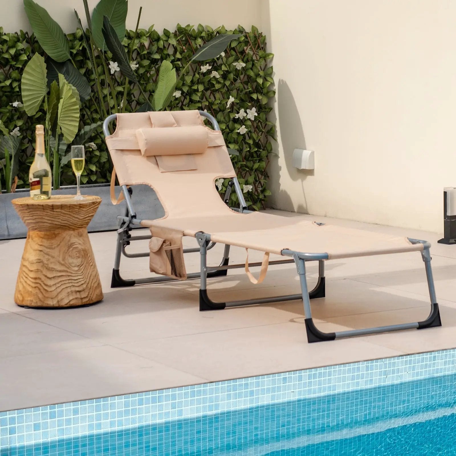 Folding Beach Lounge Chair with Pillow for Outdoor-Beige by DirectDeals