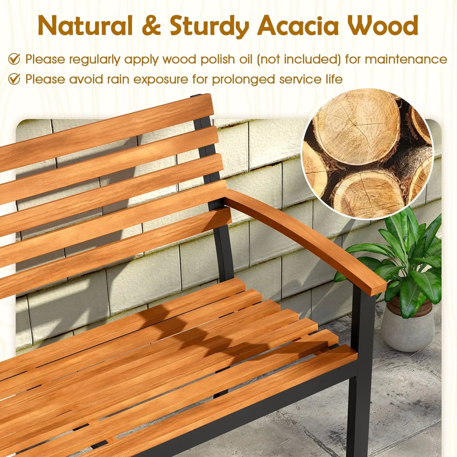 Outdoor Bench Acacia Wood Patio Loveseat with Backrest Armrests by DirectDeals