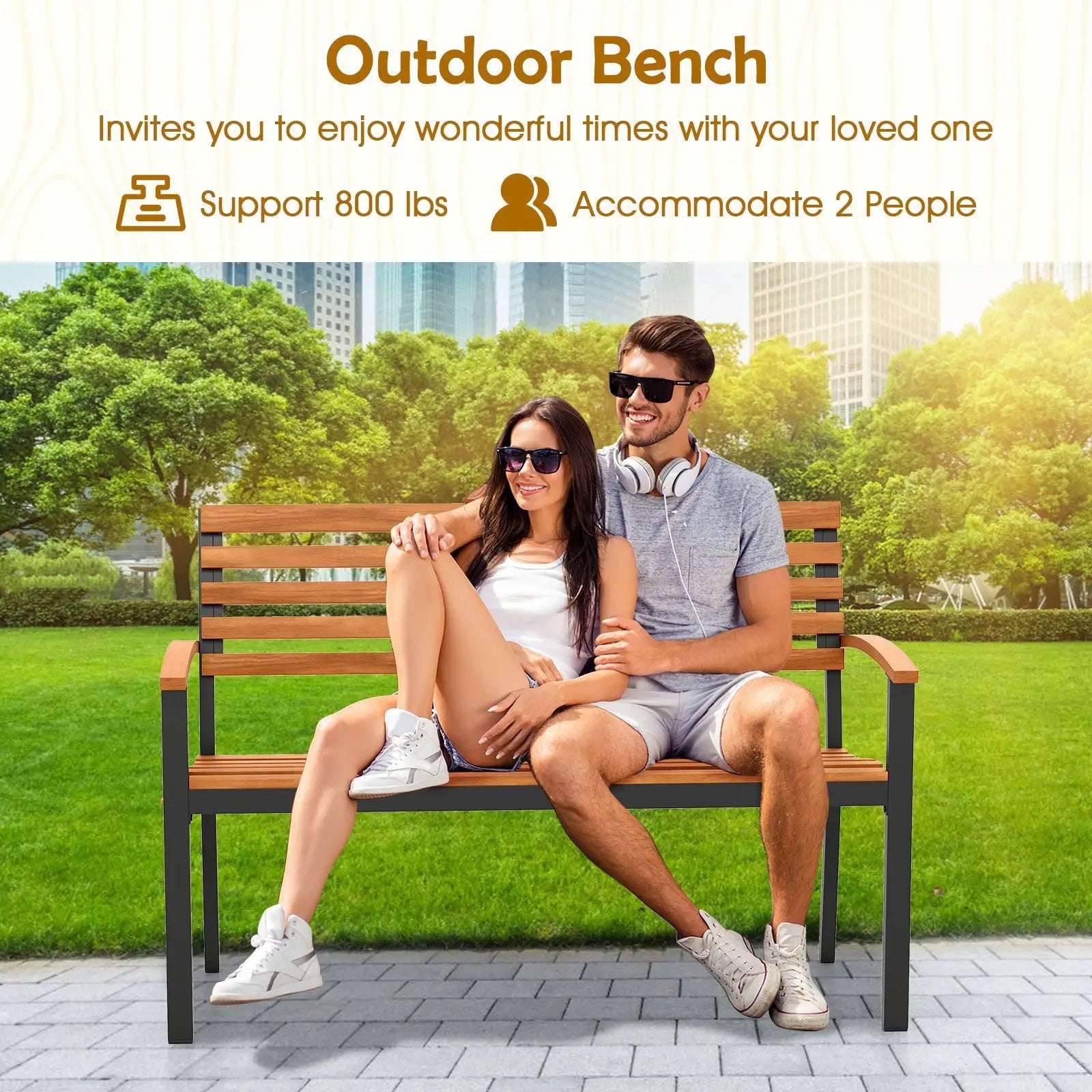 Outdoor Bench Acacia Wood Patio Loveseat with Backrest Armrests by DirectDeals
