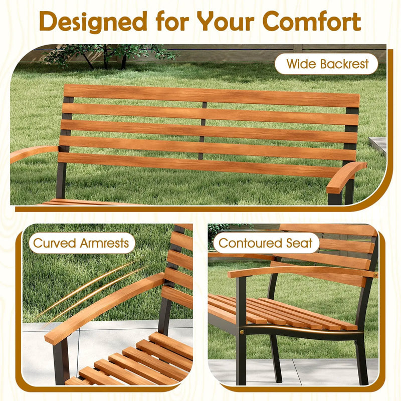 Outdoor Bench Acacia Wood Patio Loveseat with Backrest Armrests by DirectDeals