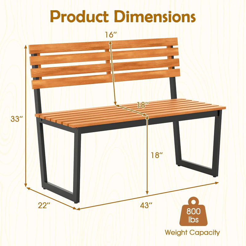 Outdoor Bench Acacia Wood Patio Loveseat with Backrest and Heavy Duty Metal Frame by DirectDeals