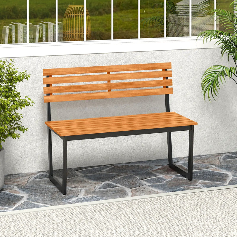 Outdoor Bench Acacia Wood Patio Loveseat with Backrest and Heavy Duty Metal Frame by DirectDeals