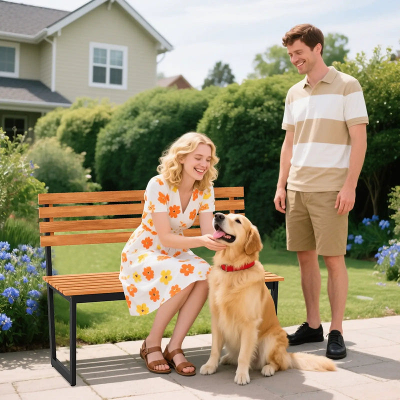 Outdoor Bench Acacia Wood Patio Loveseat with Backrest and Heavy Duty Metal Frame by DirectDeals