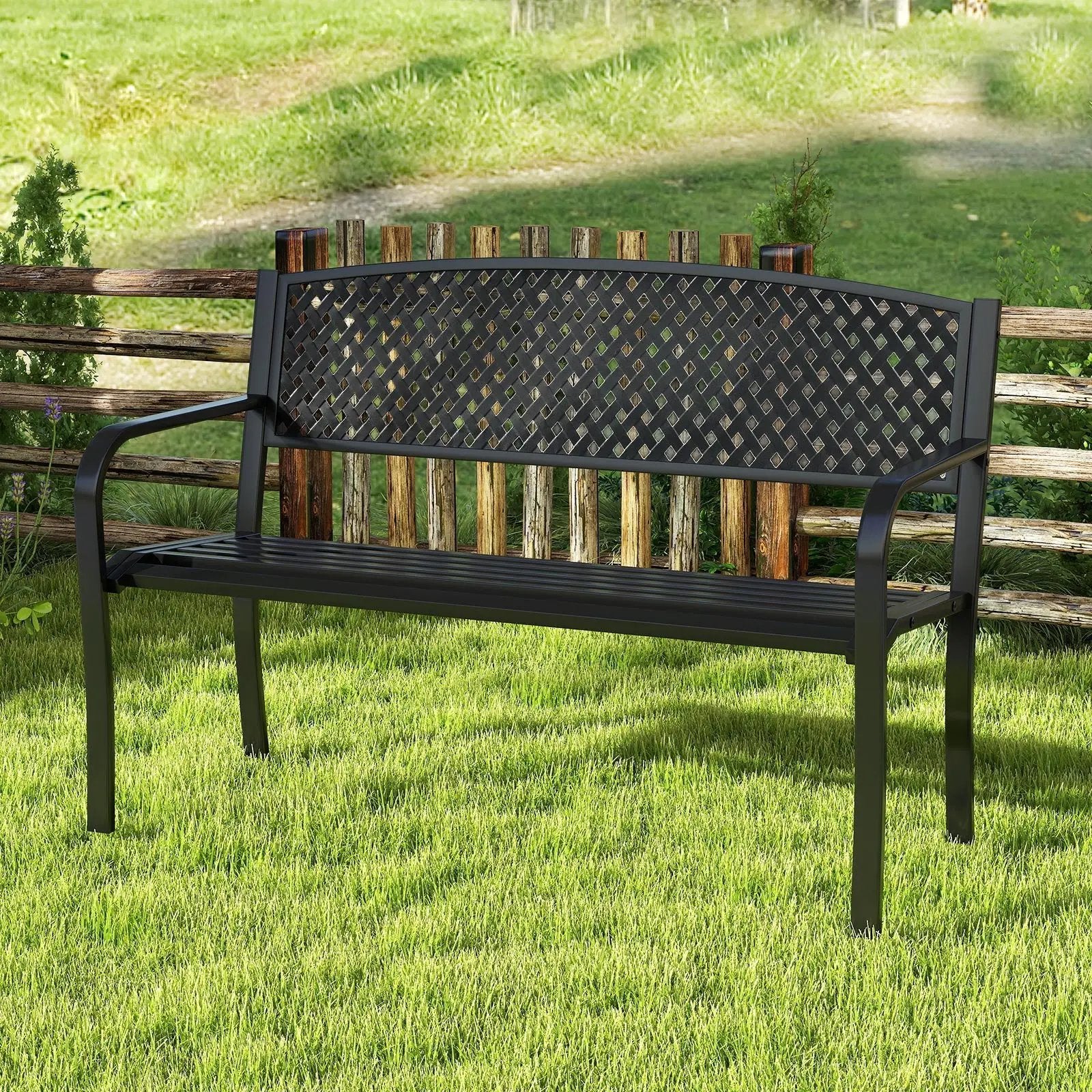 Metal Outdoor Bench with High Back for 2-3-Person Patio Bench-Black by DirectDeals
