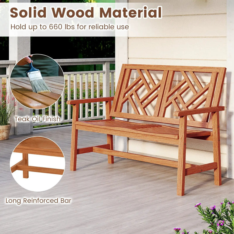Outdoor Bench Wood 2-Person Patio Loveseat Chair with Geometric Backrest by DirectDeals
