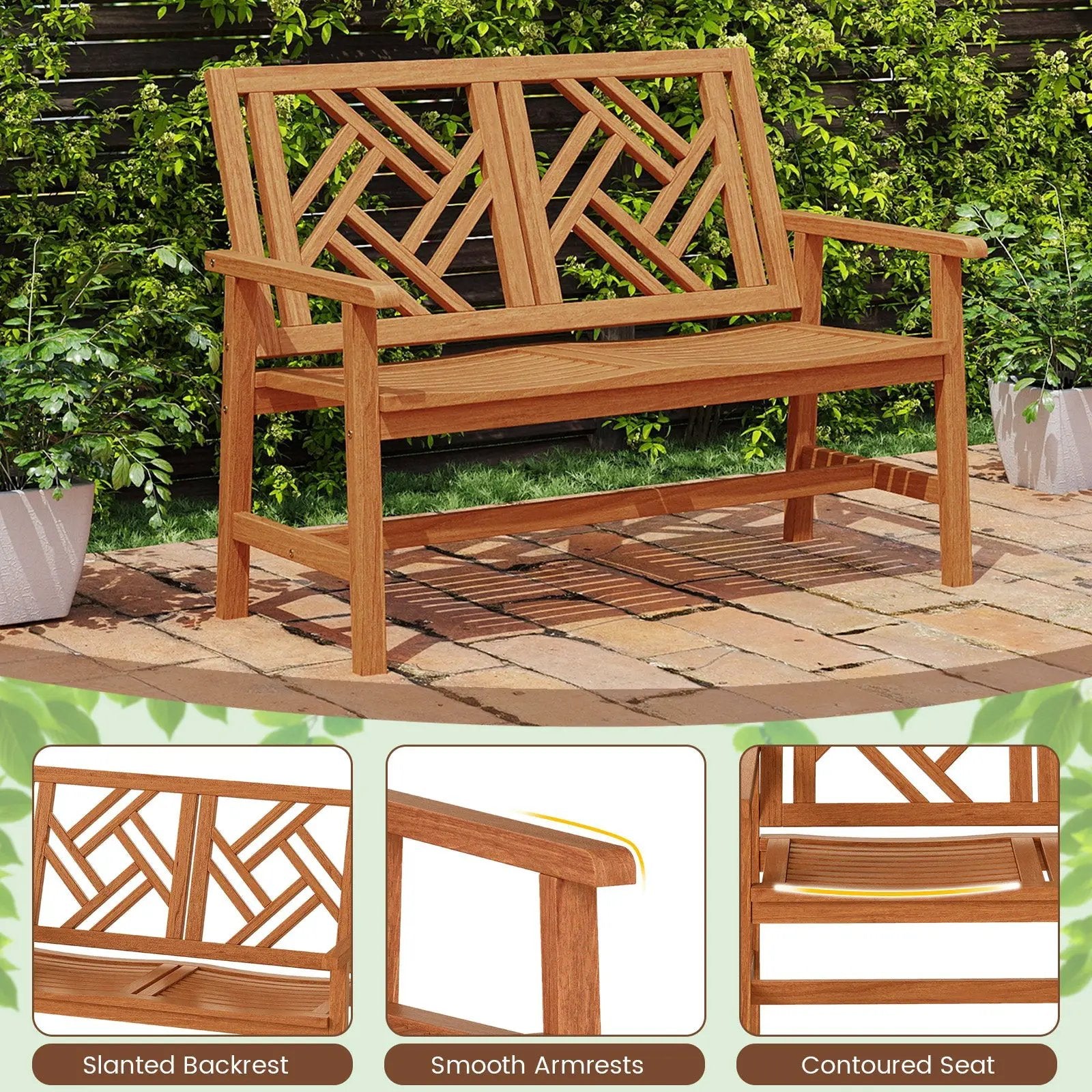 Outdoor Bench Wood 2-Person Patio Loveseat Chair with Geometric Backrest by DirectDeals