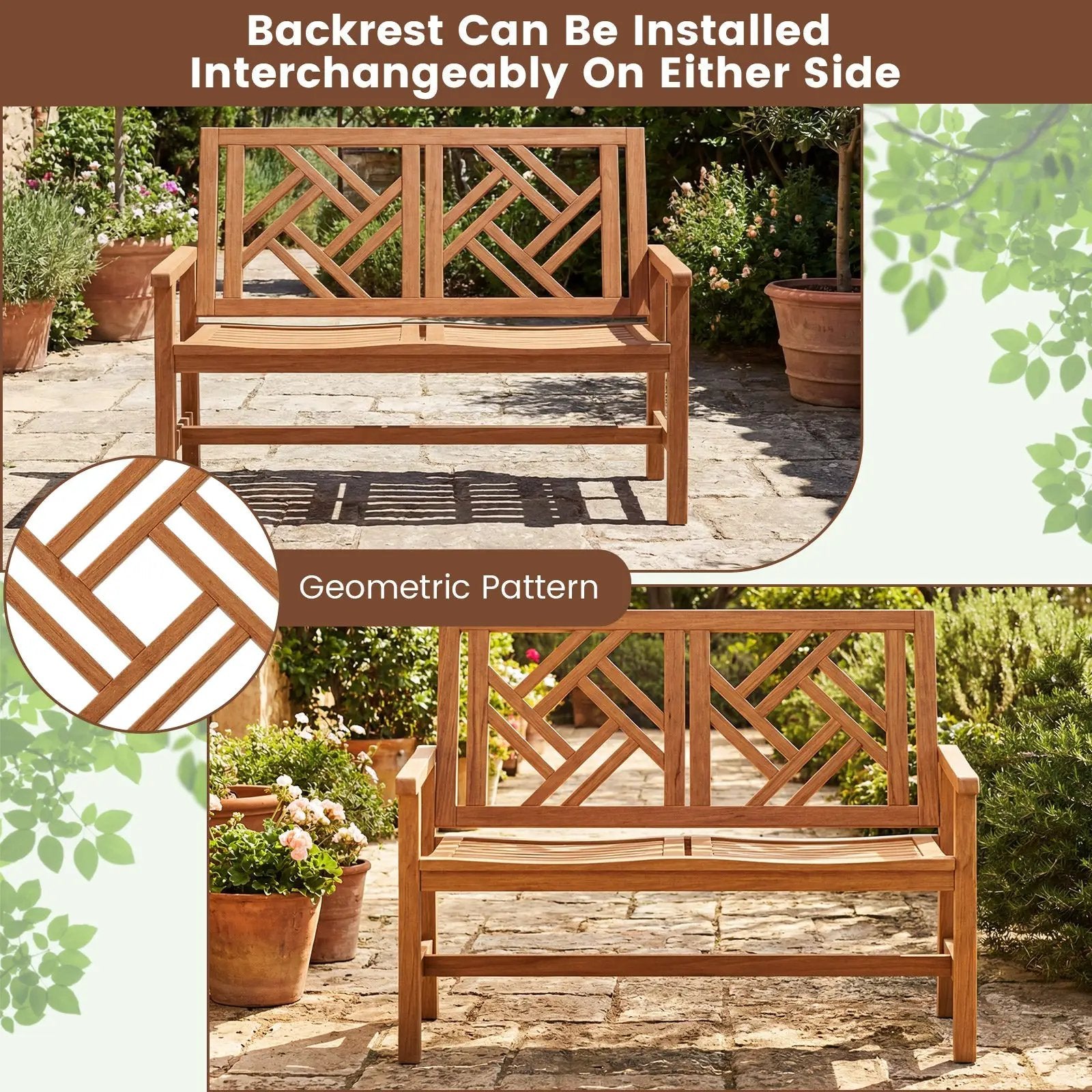 Outdoor Bench Wood 2-Person Patio Loveseat Chair with Geometric Backrest by DirectDeals