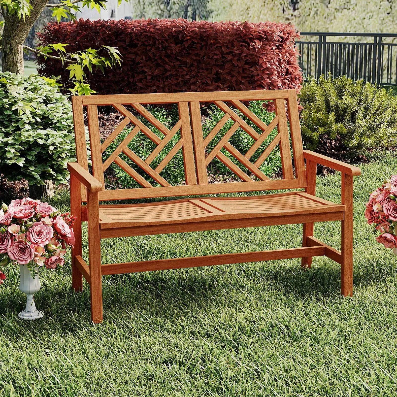 Outdoor Bench Wood 2-Person Patio Loveseat Chair with Geometric Backrest by DirectDeals