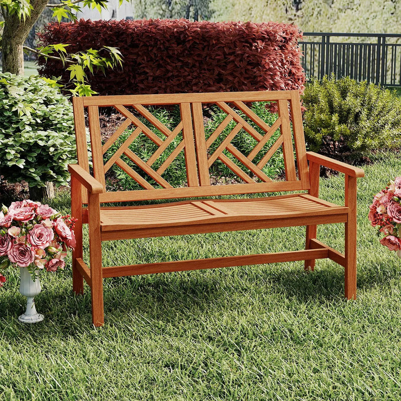 Outdoor Bench Wood 2-Person Patio Loveseat Chair with Geometric Backrest by DirectDeals