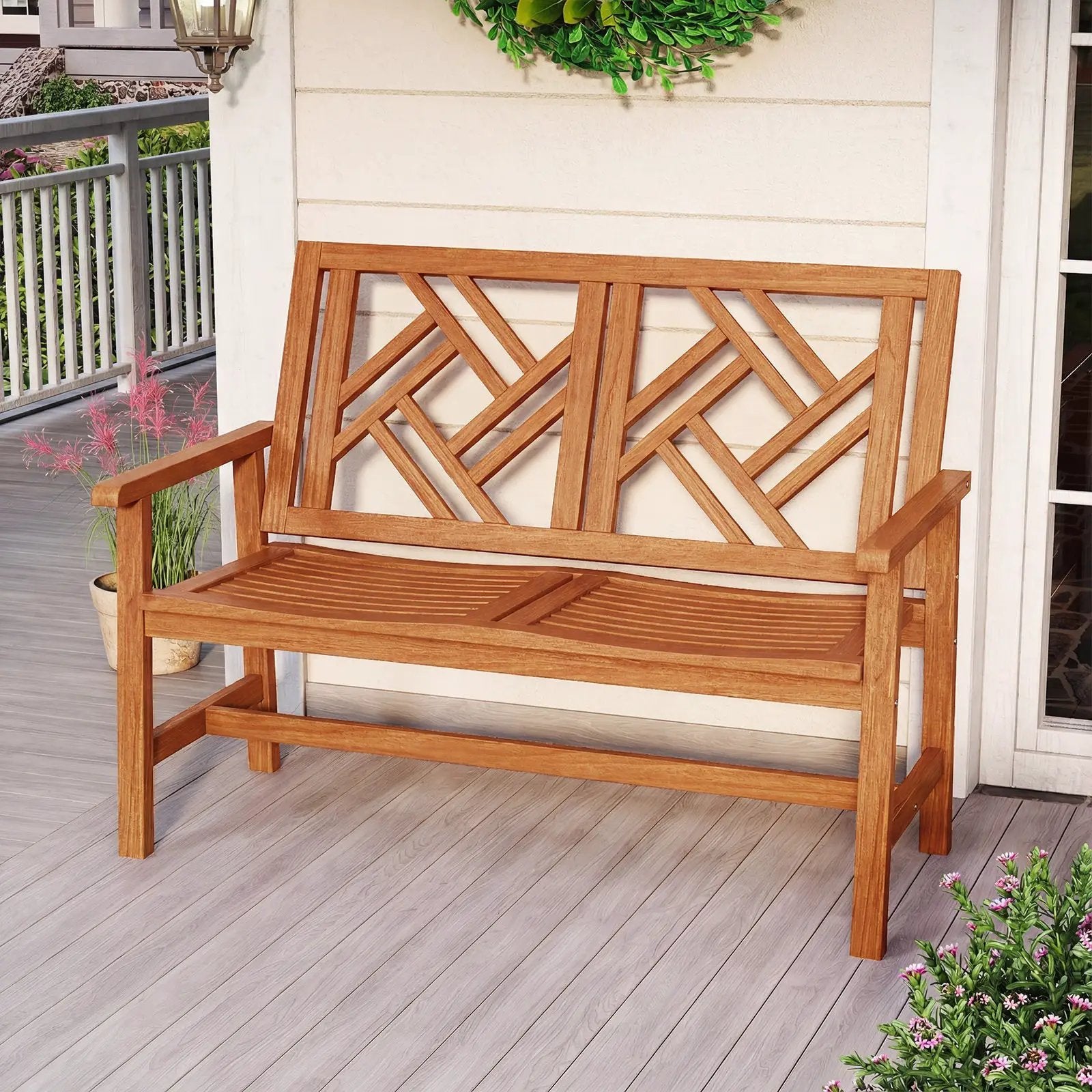 Outdoor Bench Wood 2-Person Patio Loveseat Chair with Geometric Backrest by DirectDeals