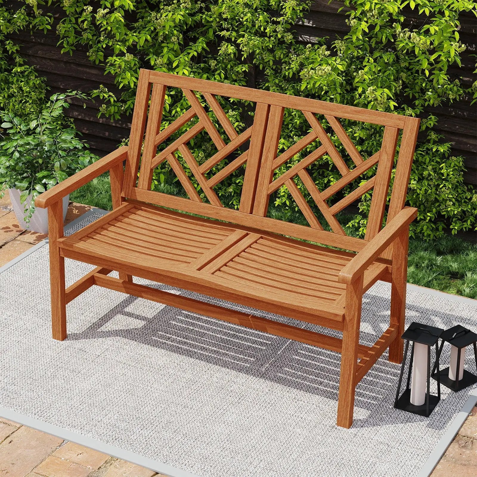 Outdoor Bench Wood 2-Person Patio Loveseat Chair with Geometric Backrest by DirectDeals