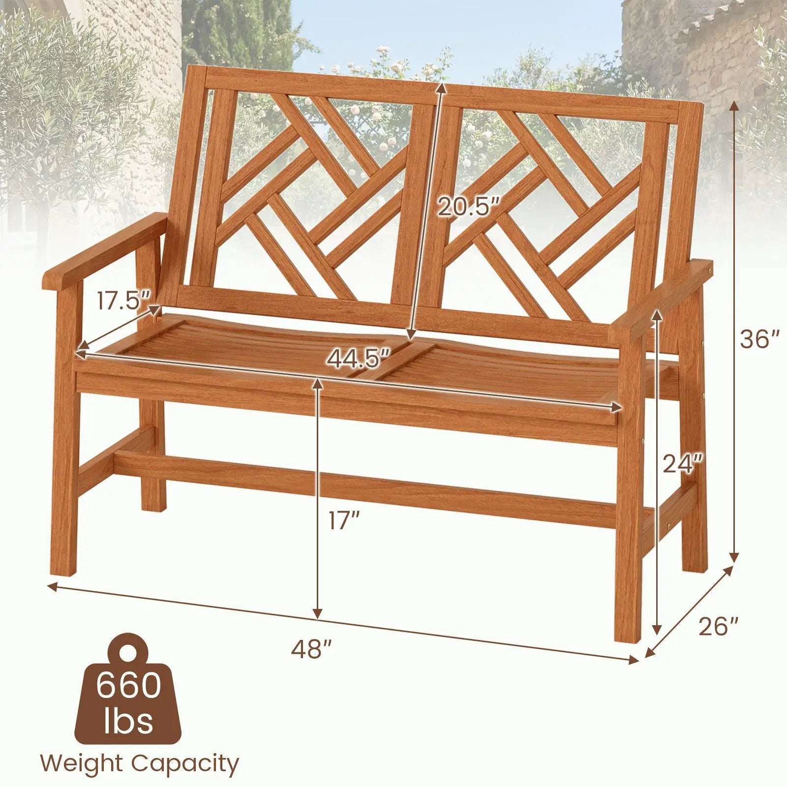 Outdoor Bench Wood 2-Person Patio Loveseat Chair with Geometric Backrest by DirectDeals