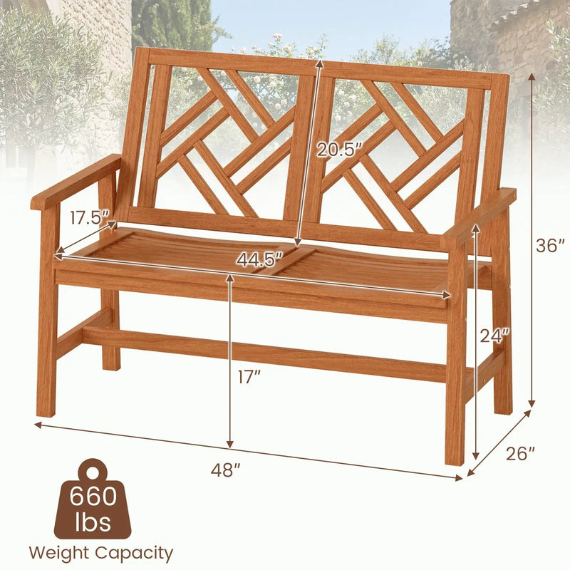 Outdoor Bench Wood 2-Person Patio Loveseat Chair with Geometric Backrest by DirectDeals