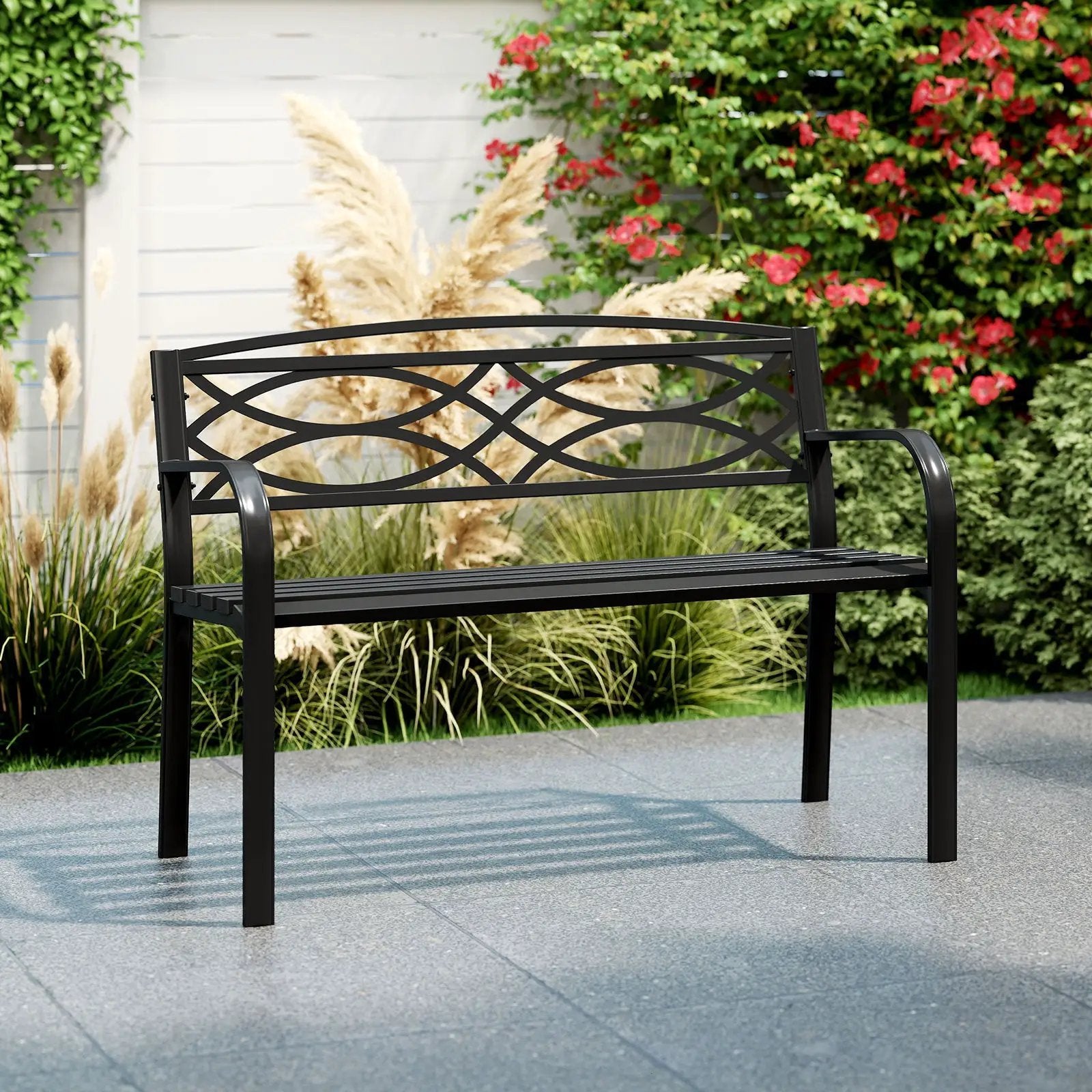 Garden Bench with Curved Armrests and Backrest-Black by DirectDeals