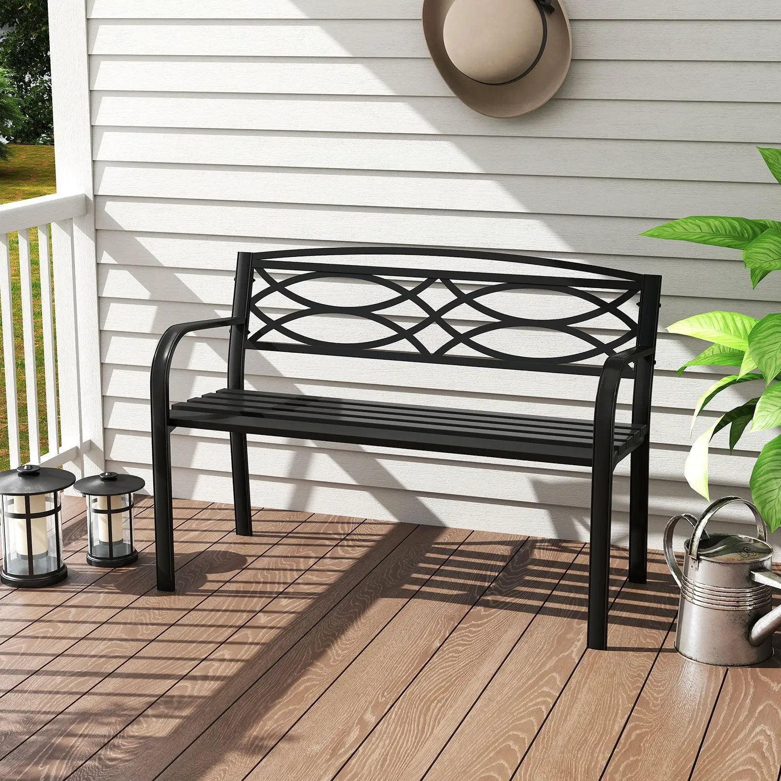 Garden Bench with Curved Armrests and Backrest-Black by DirectDeals