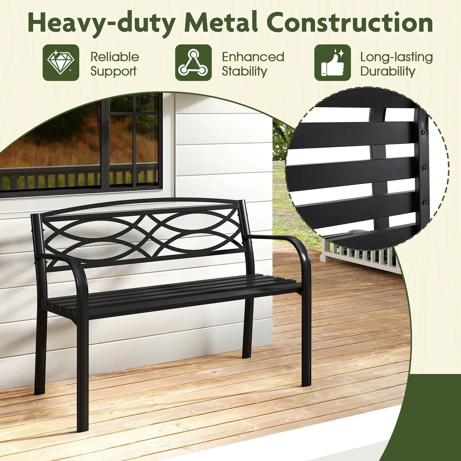 Garden Bench with Curved Armrests and Backrest-Black by DirectDeals