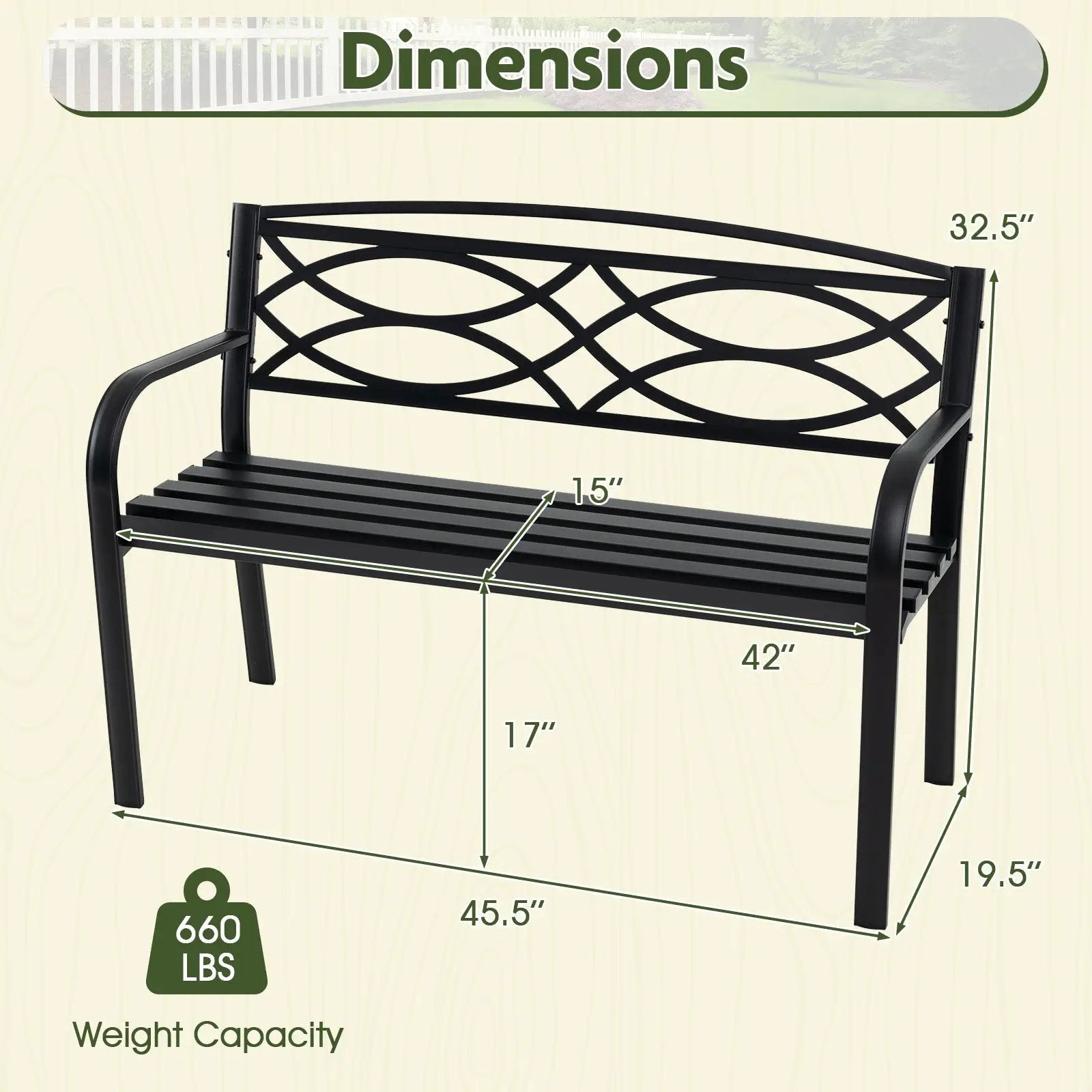 Garden Bench with Curved Armrests and Backrest-Black by DirectDeals